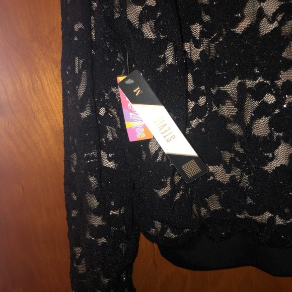 𝅺LuLaRoe Stevie Bomber Jacket Black Lace Sparkly M - Picture 3 of 4